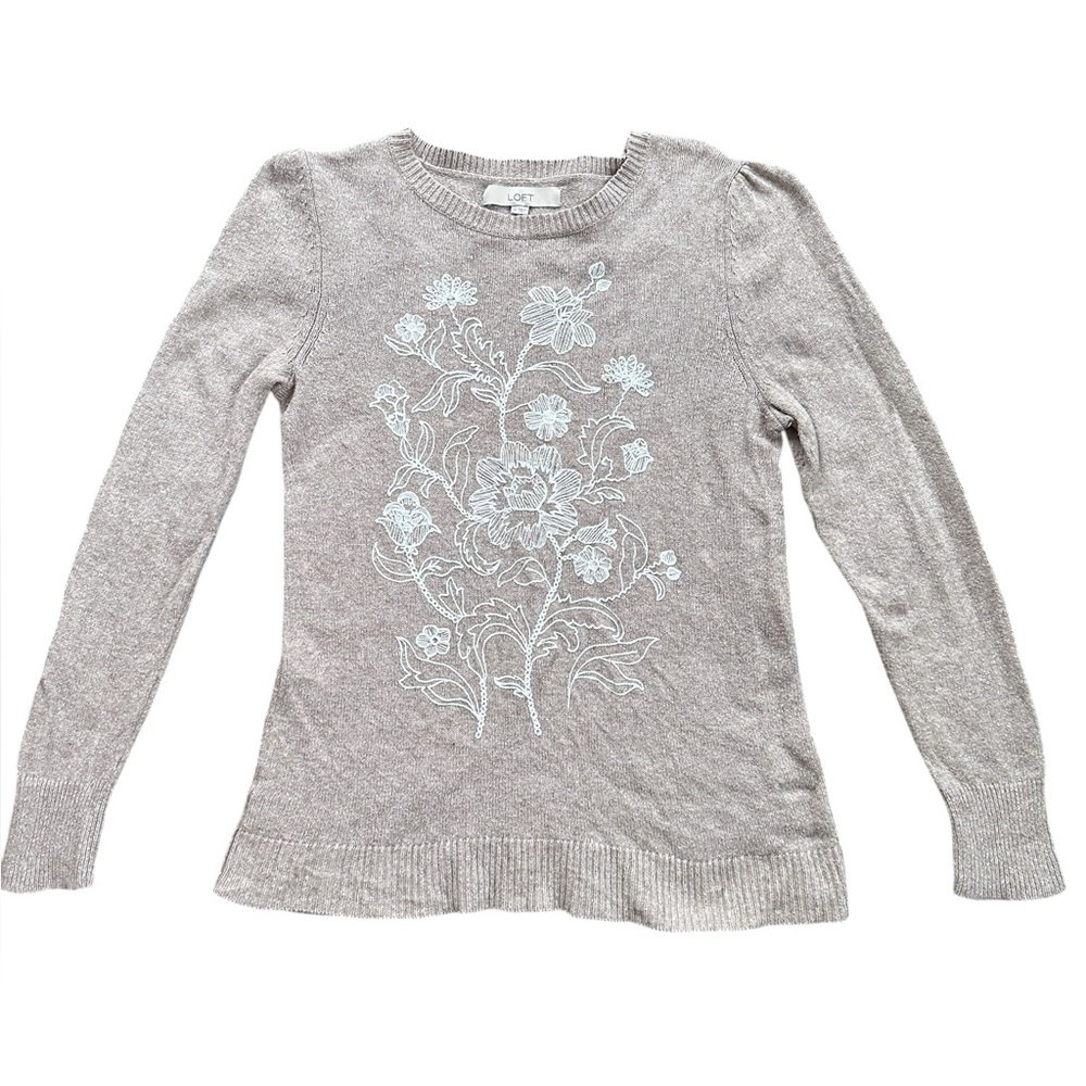 Loft Floral Embroidered Sweater Women M Tan Oatmeal Crewneck Puff Sleeve